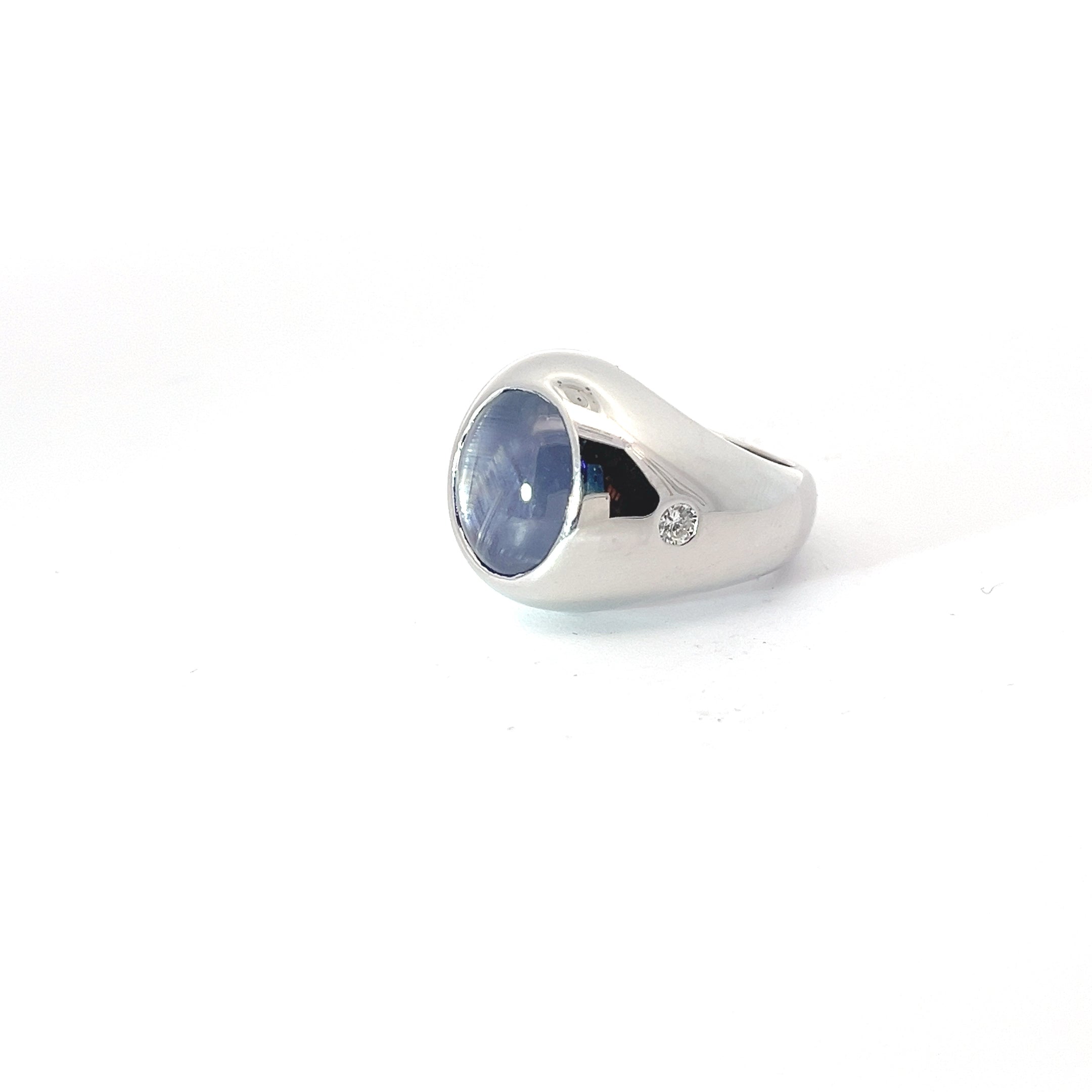 14k White Gold 4.00ct Oval Star Sapphire/.20ct F VS2 Round Diamond Vintage Pinky Ring