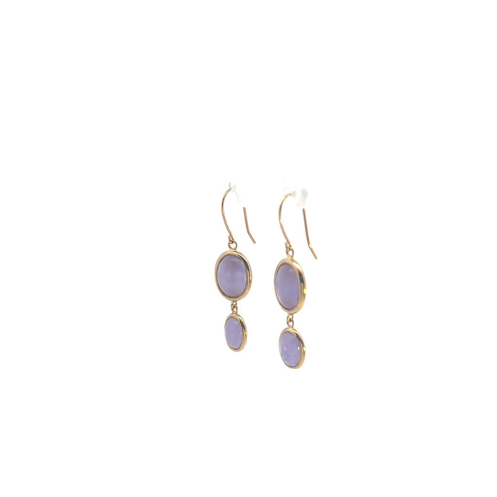 14k Yellow Gold Oval Lavender Jade Dangle Earrings