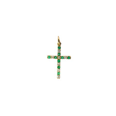 14k Yellow Gold .30ct G VS2 Round Diamond and .25ct Round Emerald Cross Necklace