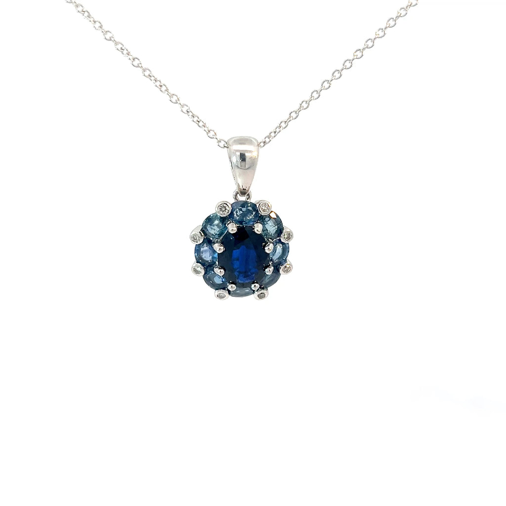 14k White Gold 2.50ct Oval Shape Natural Blue Sapphire with .08ct G SI1 Round Diamond Pendant