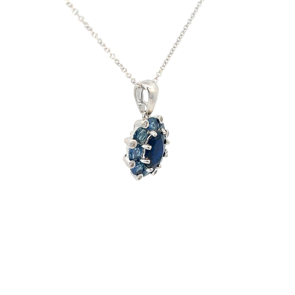 14k White Gold 2.50ct Oval Shape Natural Blue Sapphire with .08ct G SI1 Round Diamond Pendant