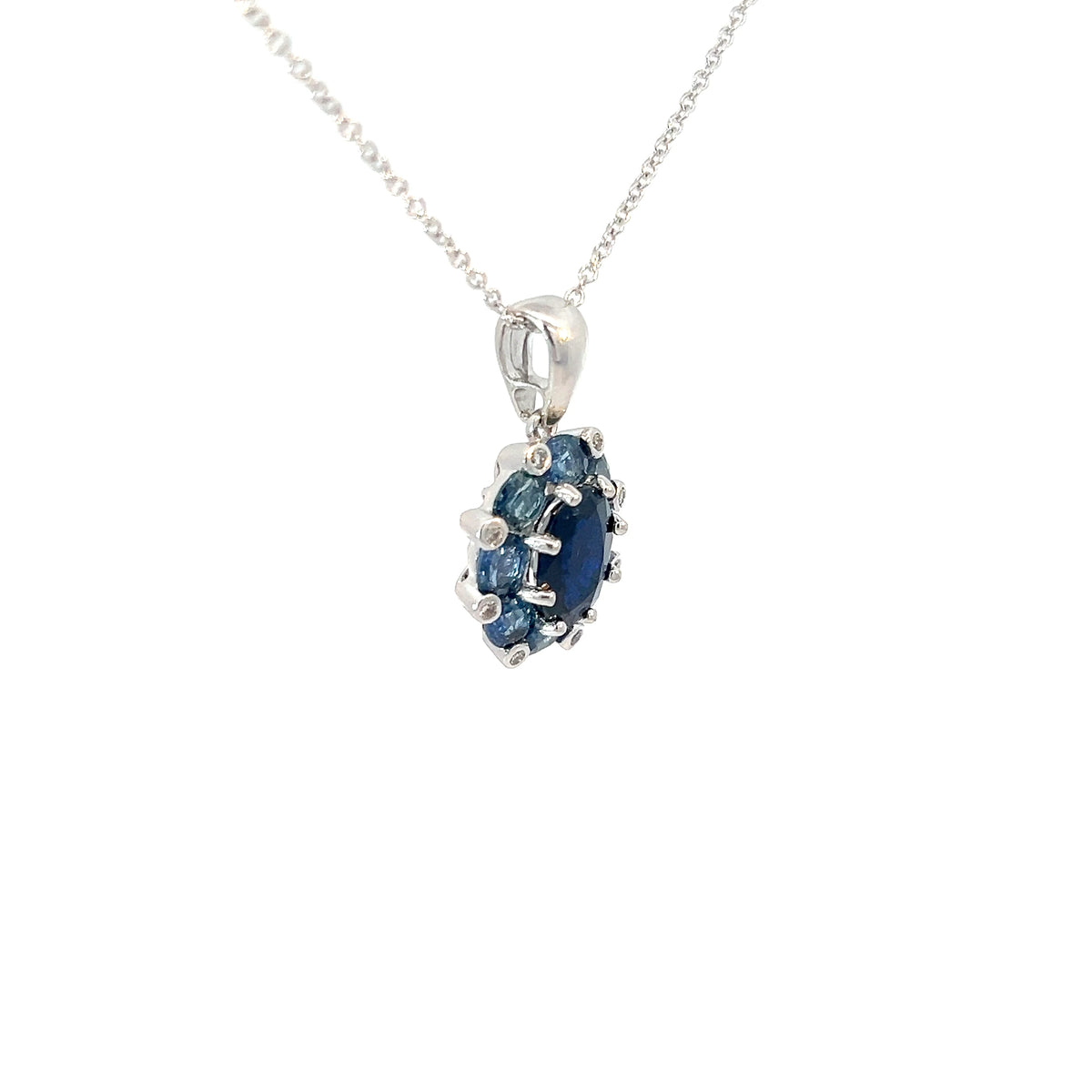 14k White Gold 2.50ct Oval Shape Natural Blue Sapphire with .08ct G SI1 Round Diamond Pendant