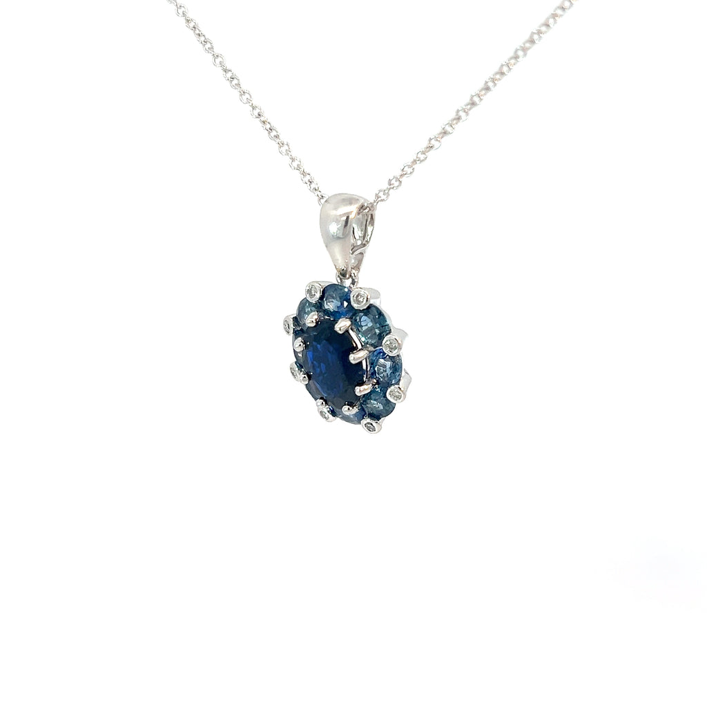 14k White Gold 2.50ct Oval Shape Natural Blue Sapphire with .08ct G SI1 Round Diamond Pendant
