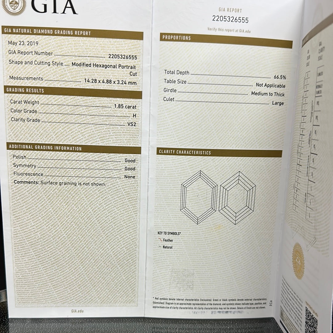 GIA Certified Hexagon Portrait Cut Diamond. Measuring 1.85cts is H in color VS2 in clarity.
