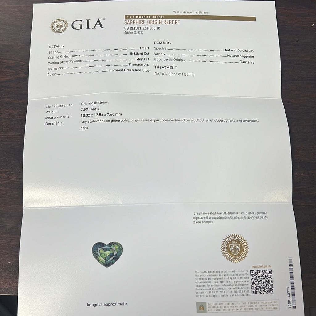 18k White Gold Heart-Shaped 7.89ct Green and Blue Sapphire .50ct F VS2 Diamond Necklace Certified By GIA #5231086105