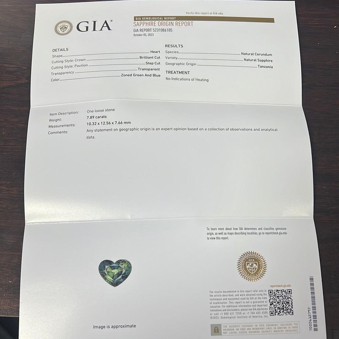 18k White Gold Heart-Shaped 7.89ct Green and Blue Sapphire .50ct F VS2 Diamond Necklace Certified By GIA #5231086105