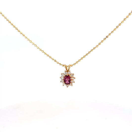 14k Yellow Gold 1.50 Oval Pink Tourmaline Surrounded by (11) Round Diamond E VS2 on a Diamond Cut Necklace 16"