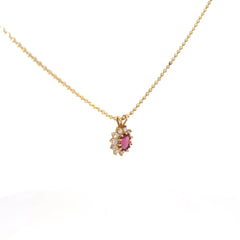 14k Yellow Gold 1.50 Oval Pink Tourmaline Surrounded By (11) Round Diamond E VS2 on a Diamond Cut Necklace 16"inch
