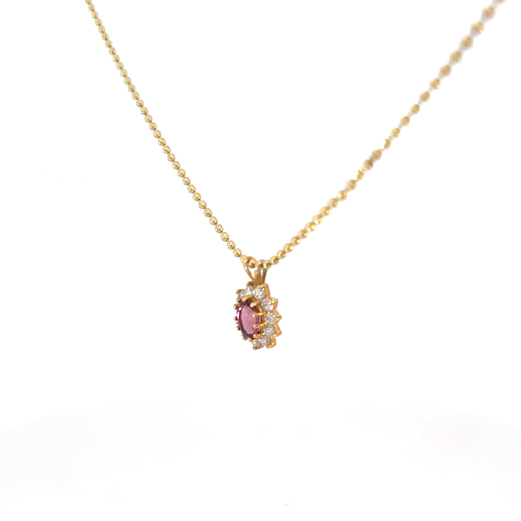 14k Yellow Gold 1.50 Oval Pink Tourmaline Surrounded By (11) Round Diamond E VS2 on a Diamond Cut Necklace 16"inch