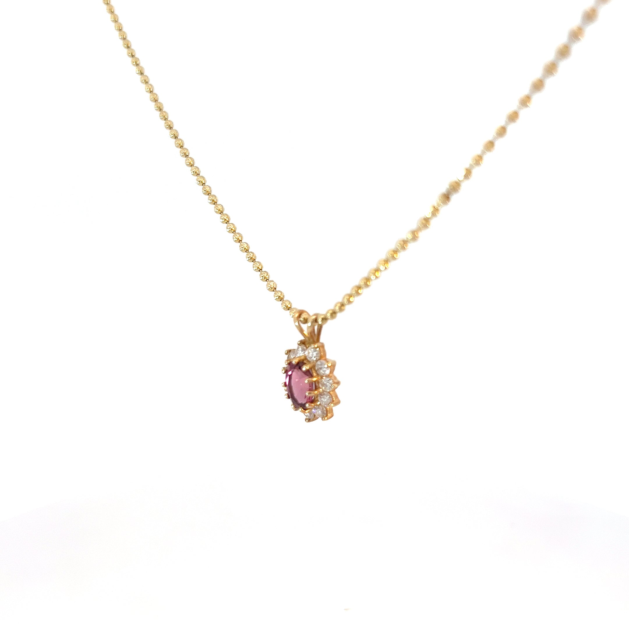 14k Yellow Gold 1.50 Oval Pink Tourmaline Surrounded By (11) Round Diamond E VS2 on a Diamond Cut Necklace 16"inch