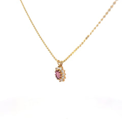 14k Yellow Gold 1.50 Oval Pink Tourmaline Surrounded By (11) Round Diamond E VS2 on a Diamond Cut Necklace 16"inch