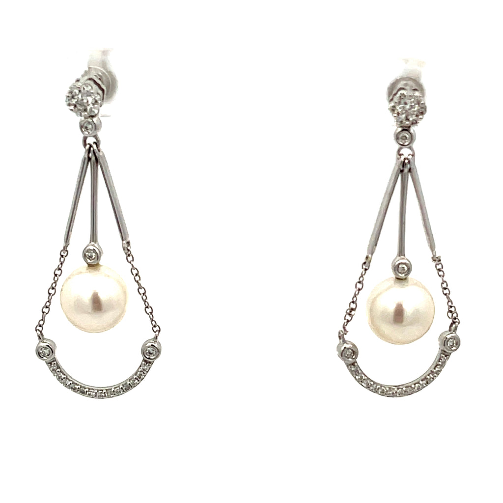 18k White Gold .50ct F VS2 Round Diamond and  8mm Salt Water Pearl Drop Earrings