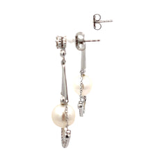 18K WHITE GOLD  .50CT  F VS2 ROUND DIAMOND AND 8MM SALT WATER PEARL DROP EARRINGS