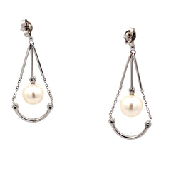 18K WHITE GOLD  .50CT  F VS2 ROUND DIAMOND AND 8MM SALT WATER PEARL DROP EARRINGS