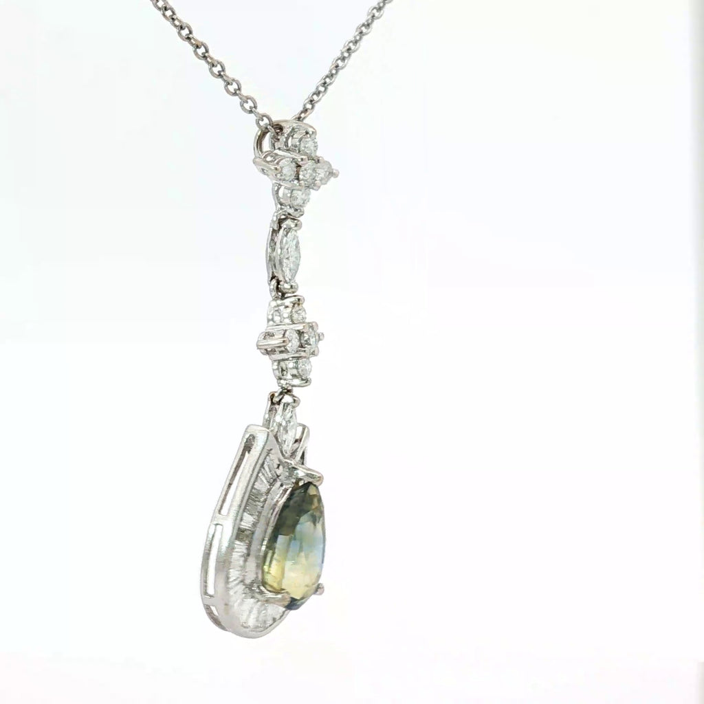 18k White Gold 4.54ct Zoned Blue and Yellow Pear Shape Sapphire Sri Lanka Surround By Baguette Channel Set Halo with Marquise and Round Diamond F VS2 Pendant Necklace Certified By GIA # 2235650287