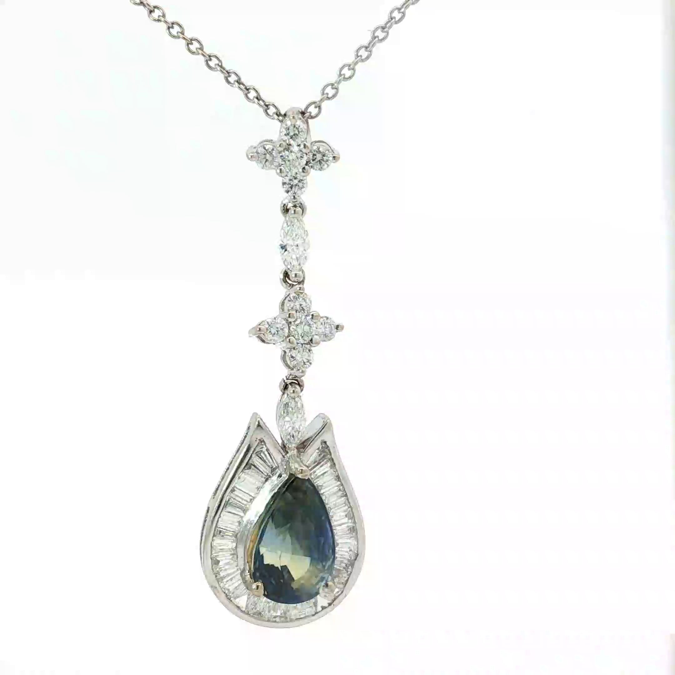 18k White Gold 4.54ct Zoned Blue and Yellow Pear Shape Sapphire Sri Lanka Surround By Baguette Channel Set Halo with Marquise and Round Diamond F VS2 Pendant Necklace Certified By GIA # 2235650287