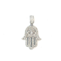 14k White Gold 1.50ct H SI1 Round Diamond Khamsa with Evil Eye Pendant  1 1/2"x 1"