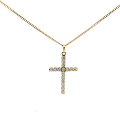 14k Yellow Gold 1.00ct G VS2 (15) Round Diamond Cross with Micro Cuban Chain 16" inch