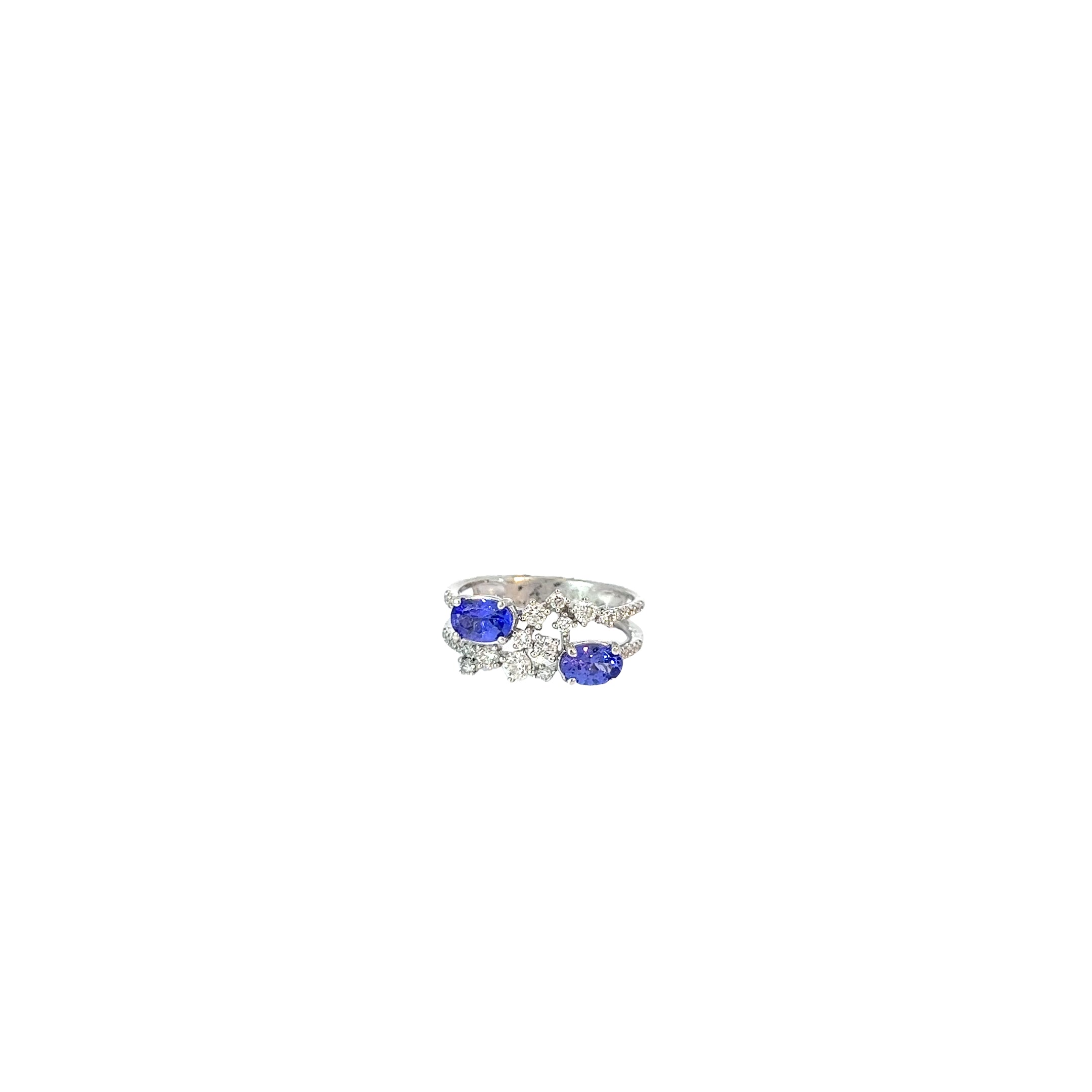14k White Gold 1.50ct G SI1 Round Diamond and 1.00ct Oval Tanzanite Cocktail Ring