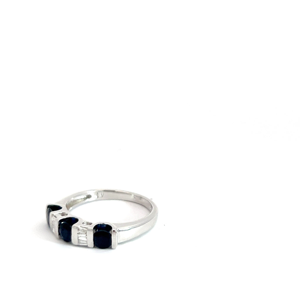 14k White Gold 1ct Round Blue Sapphire/.15ct G SI1 Baguette Diamond Ring