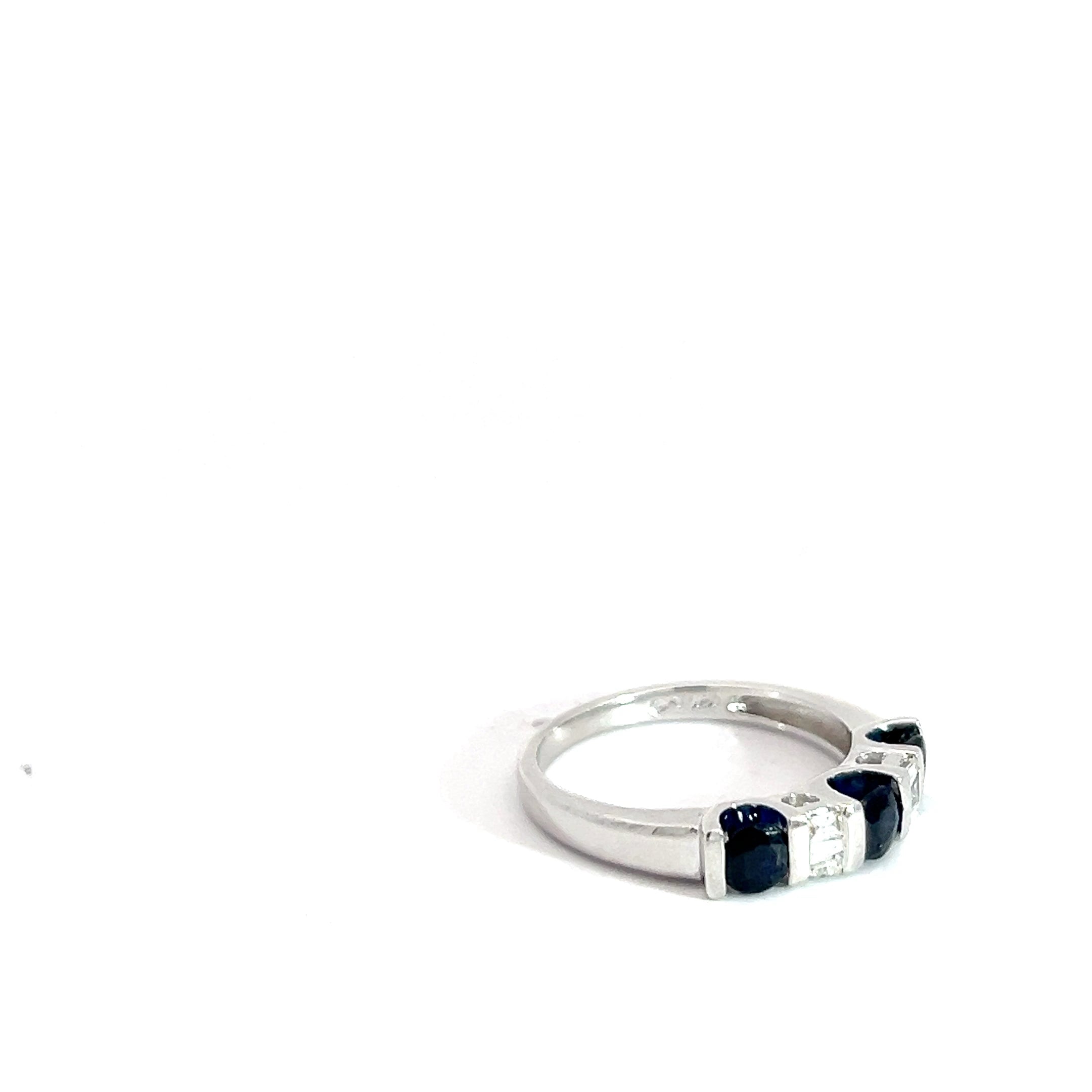 14k White Gold 1ct Round Blue Sapphire/.15ct G SI1 Baguette Diamond Ring