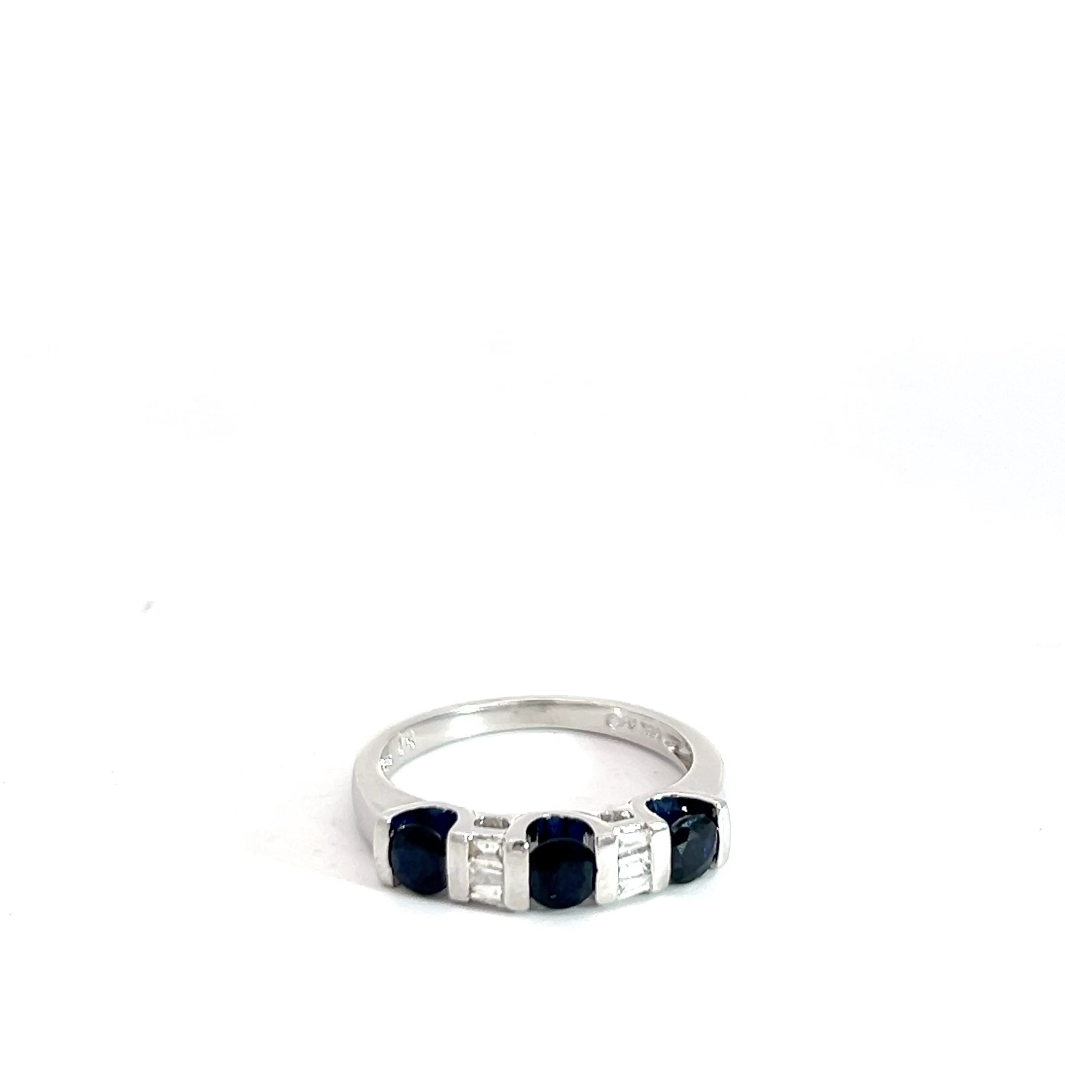 14k White Gold 1ct Round Blue Sapphire/.15ct G SI1 Baguette Diamond Ring