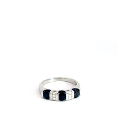 14k White Gold 1ct Round Blue Sapphire/.15ct G SI1 Baguette Diamond Ring