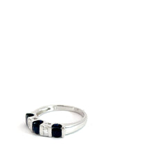 14k White Gold 1ct Round Blue Sapphire/.15ct G SI1 Baguette Diamond Ring