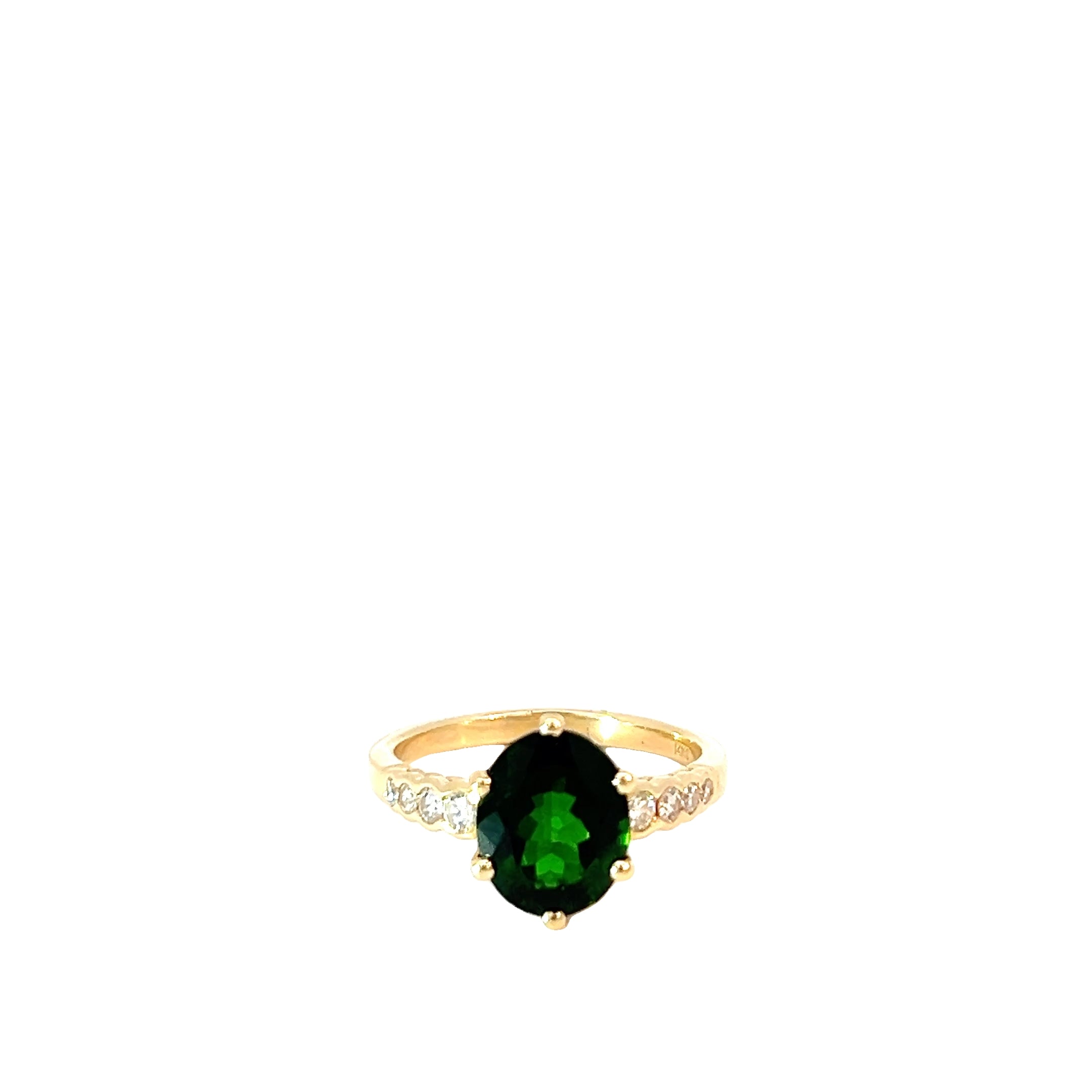 14k Yellow Gold 3.50ct Oval Green Tourmaline with .20ct G SI1 Round Diamond Ring