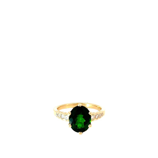 14k Yellow Gold 3.50ct Oval Green Tourmaline with .20ct G SI1 Round Diamond Ring
