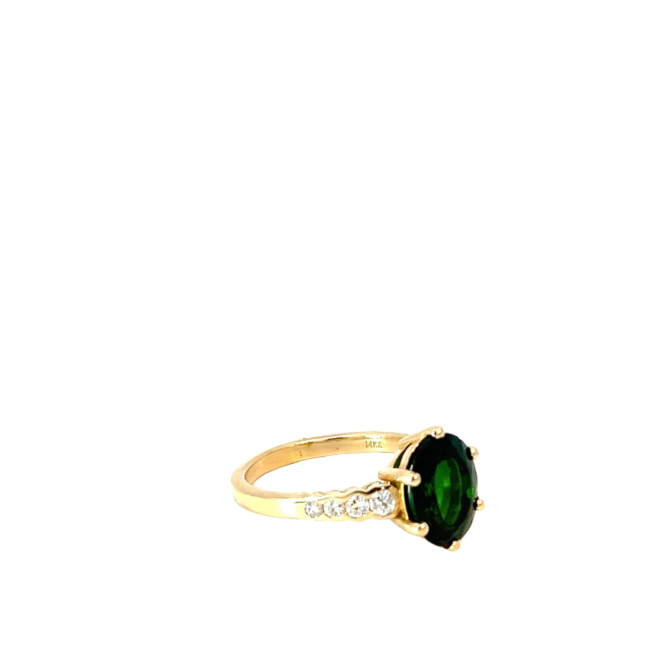 14k Yellow Gold 3.50ct Oval Green Tourmaline with .20ct G SI1 Round Diamond Ring
