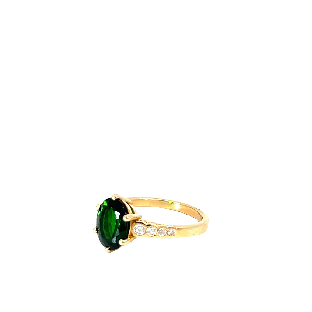 14k Yellow Gold 3.50ct Oval Green Tourmaline with .20ct G SI1 Round Diamond Ring