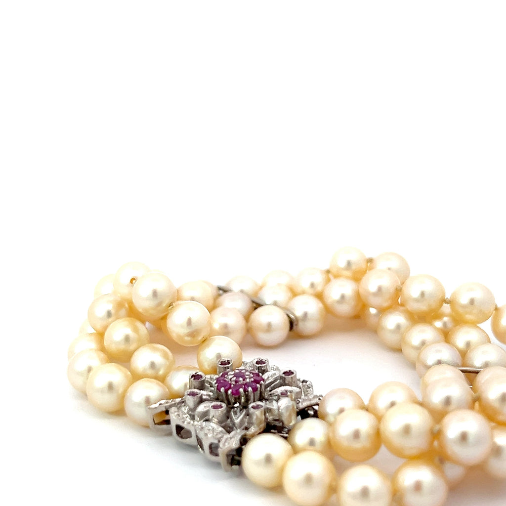 18k White Gold (3) Strand (72) Salt Water Pearls/.25ct Round Ruby Lock Bracelet