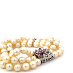18k White Gold (3) Strand (72) Salt Water Pearls/.25ct Round Ruby Lock Bracelet