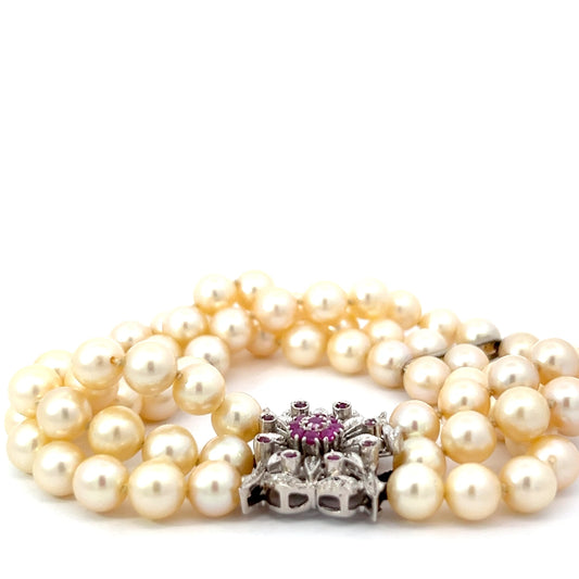 18k White Gold (3) Strand (72) Salt Water Pearls/.25ct Round Ruby Lock Bracelet