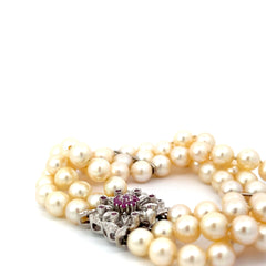 18k White Gold (3) Strand (72) Salt Water Pearls/.25ct Round Ruby Lock Bracelet