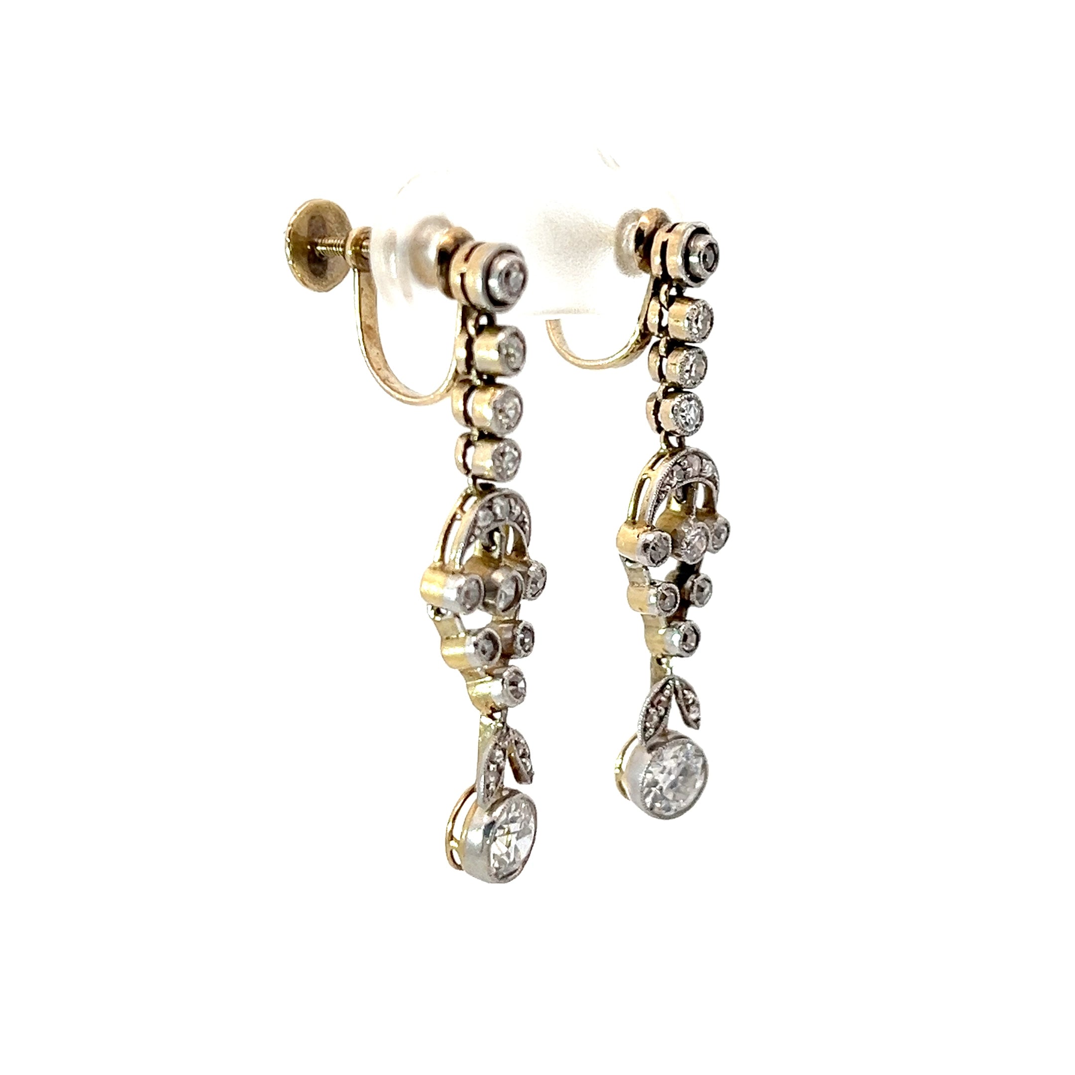 14k Yellow Gold / Platinum 2.00ct E VS2 Round Diamond Vintage Victorian Drop Earring