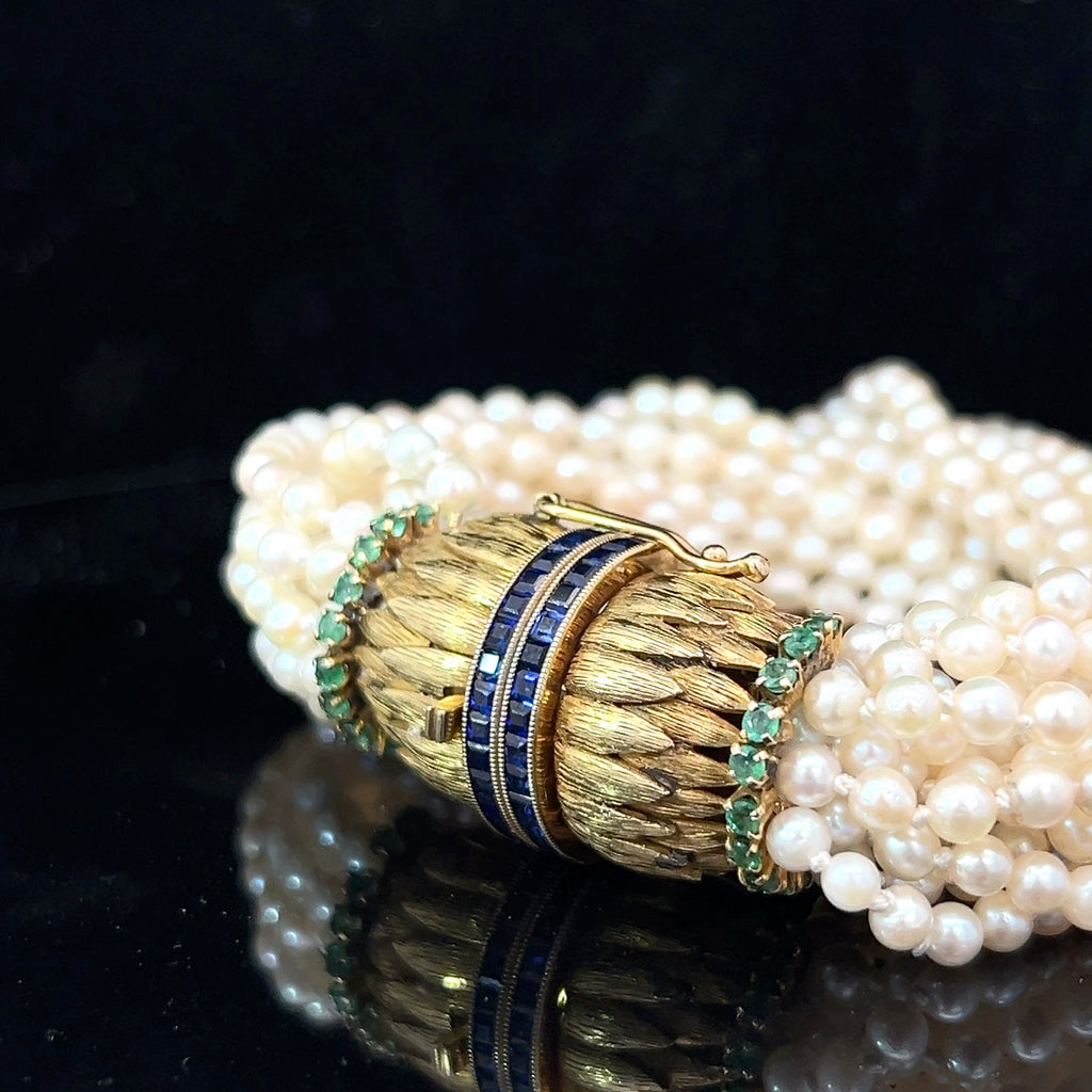 18k Yellow Gold 16 Strand Vintage Pearl Bracelet with Magnificent Chanel Setting in Princess Cut  Blue Sapphire and Round Colombian Emerald Feather Inspired Lock Natural Japanese Pearl Bracelet 74.2 Gram