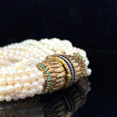 18k Yellow Gold 16 Strand Vintage Pearl Bracelet with Magnificent Chanel Setting in Princess Cut  Blue Sapphire and Round Colombian Emerald Feather Inspired Lock Natural Japanese Pearl Bracelet 74.2 Gram