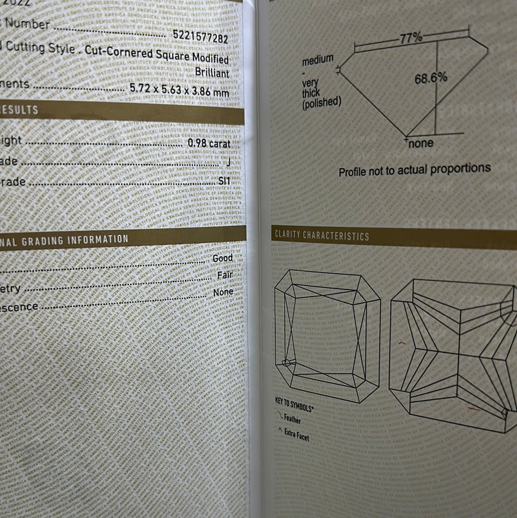 0.98CT CUT-CORNERED SQUARE MODIFIED BRILLIANTJ SI1 GF GIA#5221577282