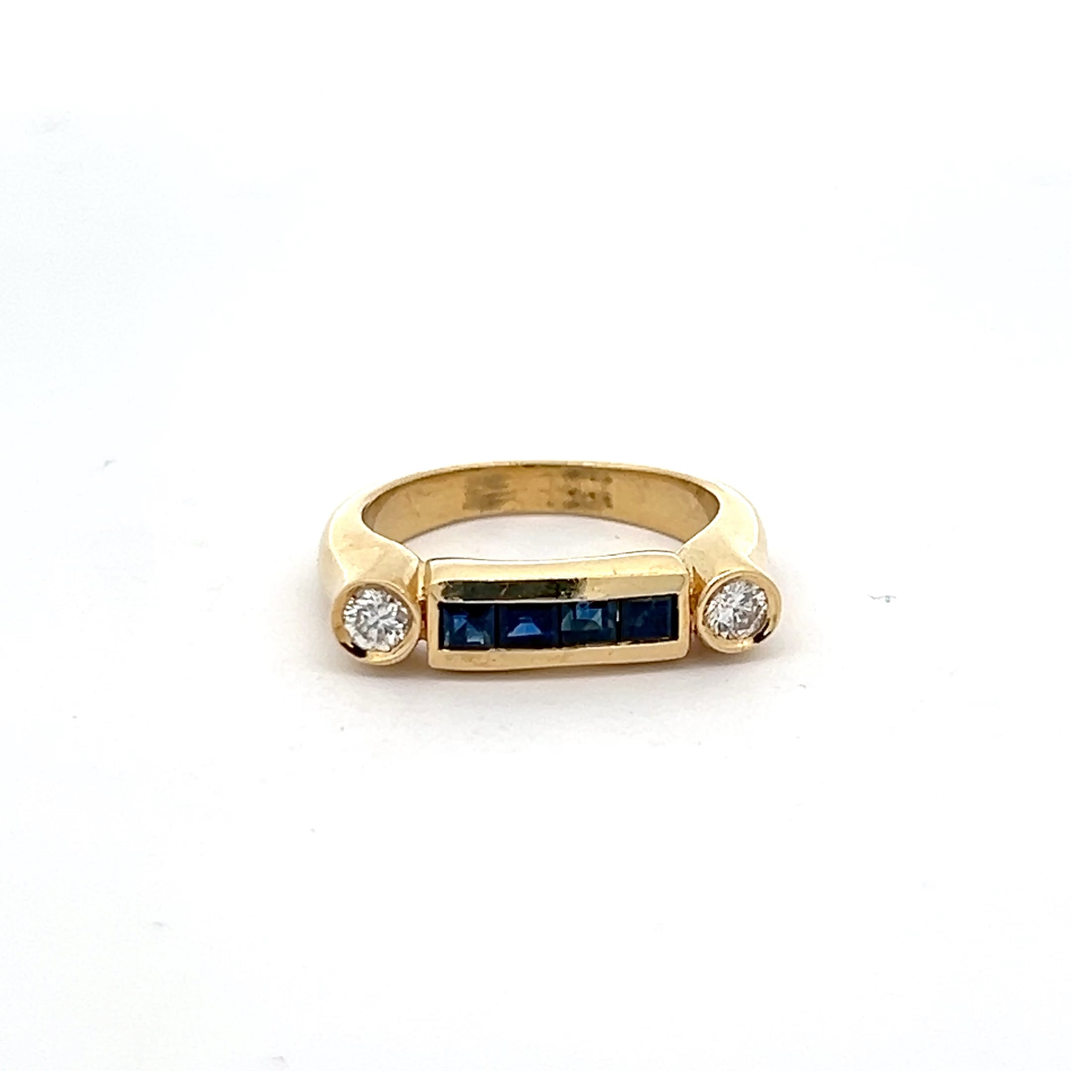 14k Yellow Gold .45ct Princess Cut Blue Sapphire/ .15ct G VS1 Round Diamond Ring Design By German Designer