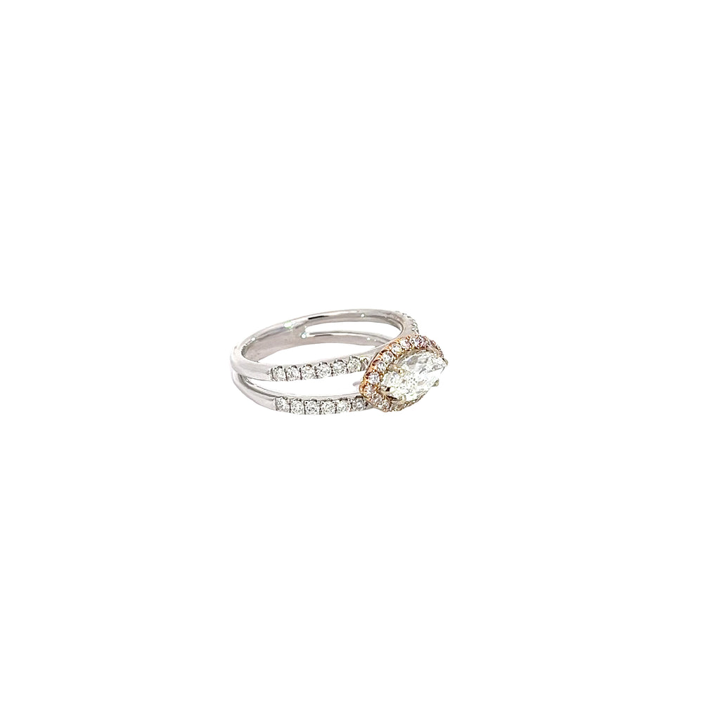 18k Two Toned 1.00CT E VS2 Marquise Shaped and .30CT G SI1 Round  Diamond Engagement Ring Certified by GIA# 5182789777 Size 6 1/2