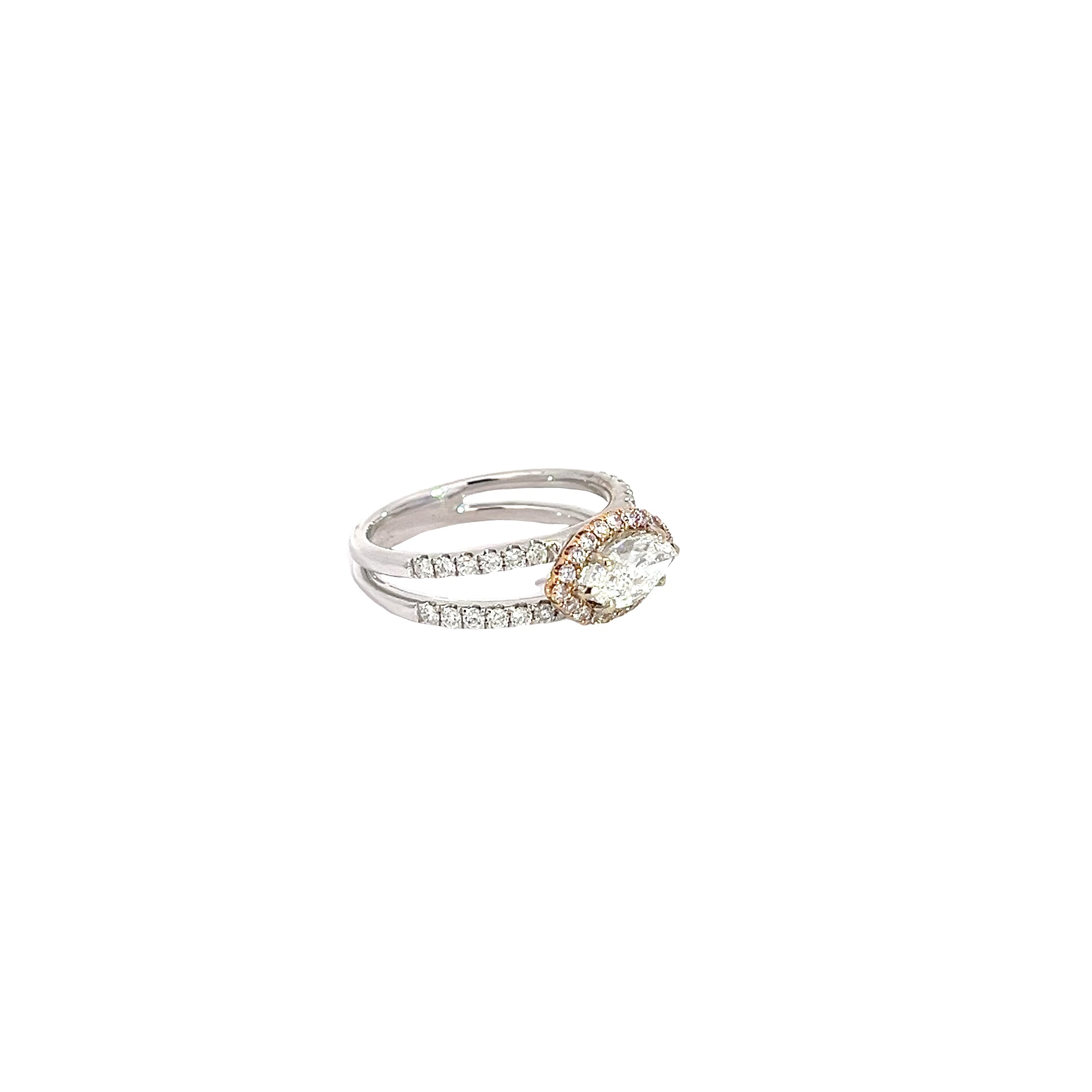 18k Two Toned 1.00CT E VS2 Marquise Shaped and .30CT G SI1 Round  Diamond Engagement Ring Certified by GIA# 5182789777 Size 6 1/2