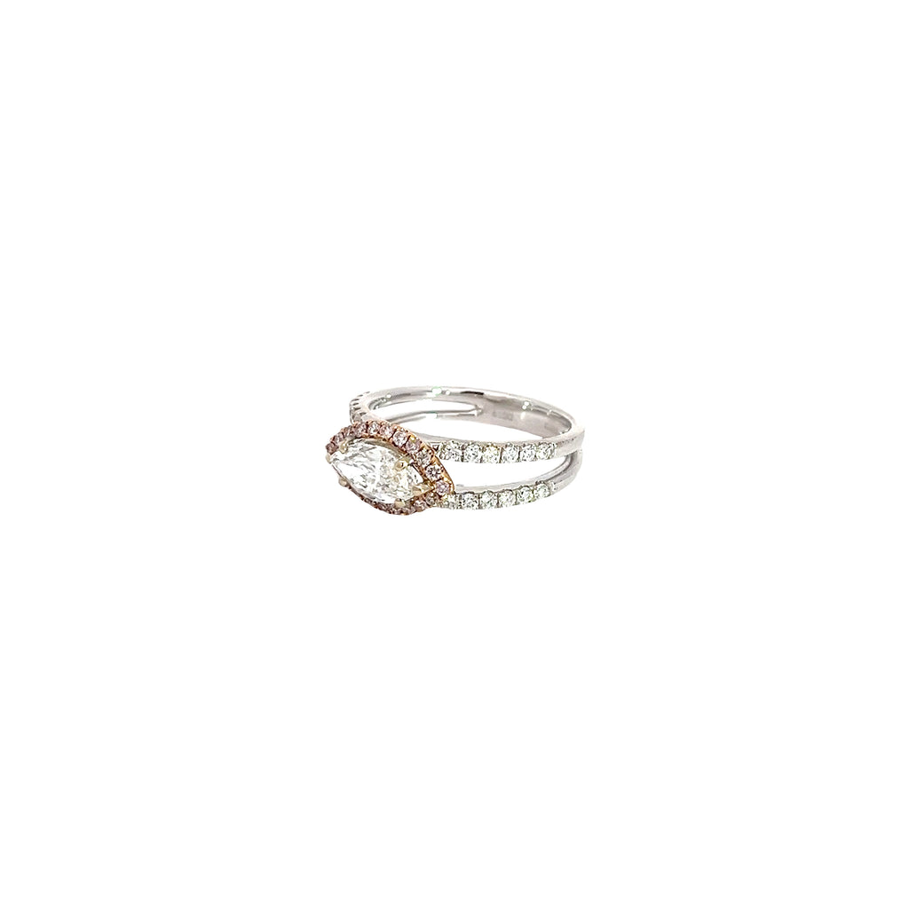 18k Two Toned 1.00CT E VS2 Marquise Shaped and .30CT G SI1 Round  Diamond Engagement Ring Certified by GIA# 5182789777 Size 6 1/2