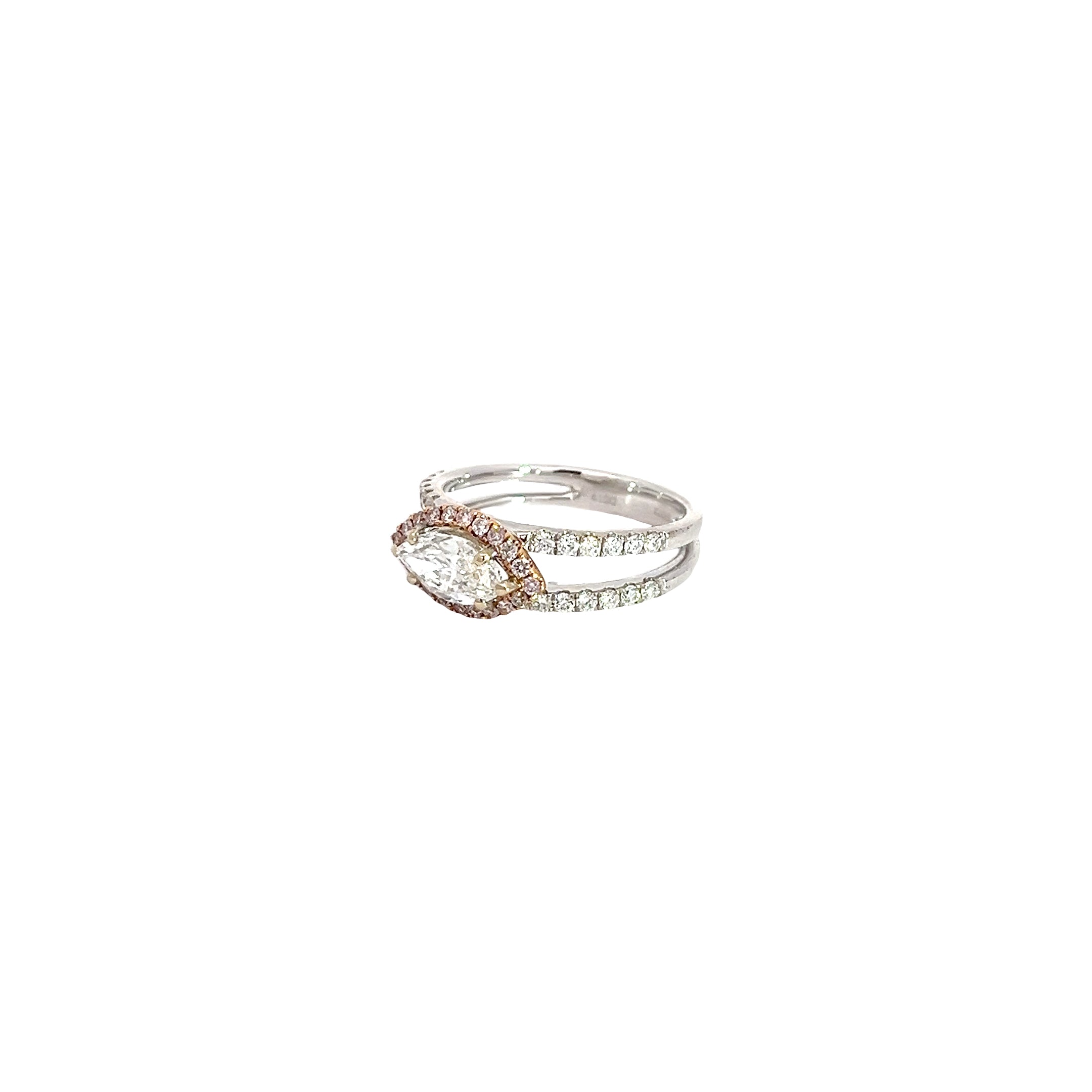 18k Two Toned 1.00CT E VS2 Marquise Shaped and .30CT G SI1 Round  Diamond Engagement Ring Certified by GIA# 5182789777 Size 6 1/2