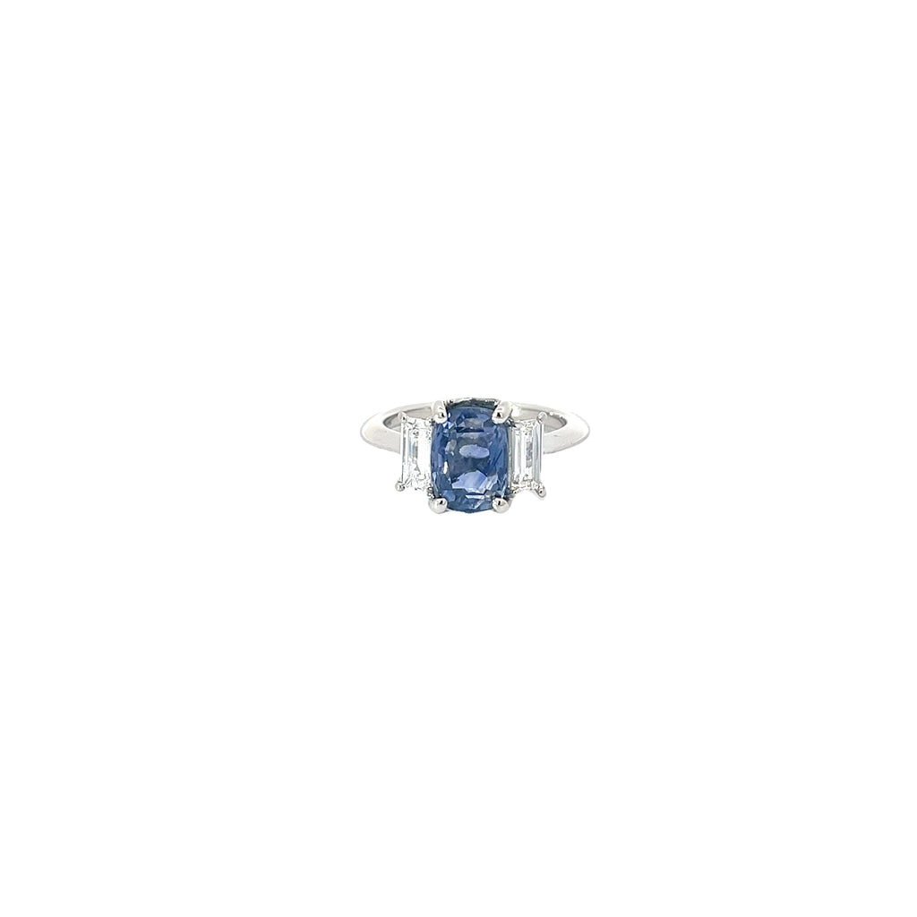 Platinum 3.33ct Cushion Blue Sapphire and along the side .80ct F VS2 Baguette Diamond Ring Certified by GIA #5231323789