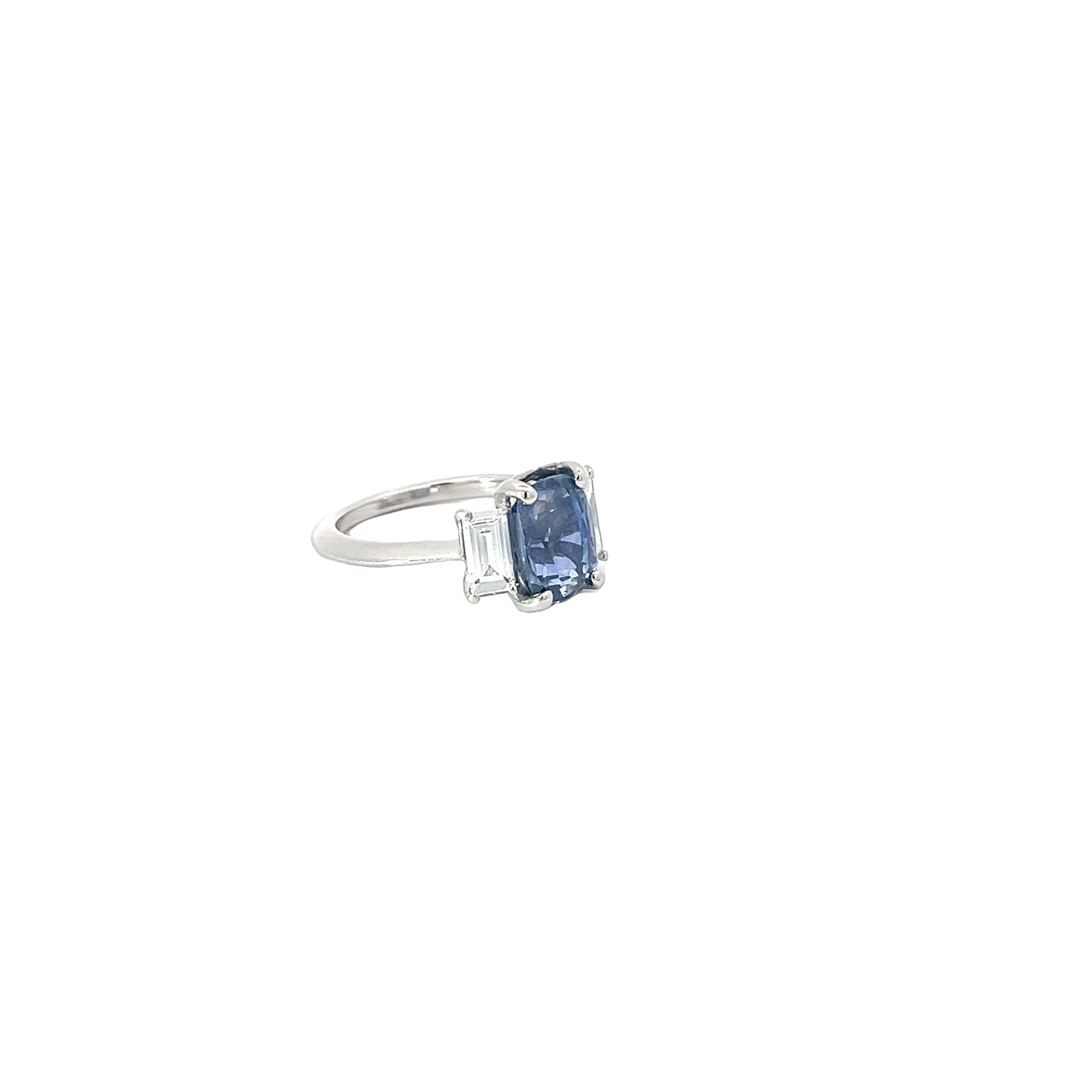 Platinum 3.33ct Cushion Blue Sapphire and along the side .80ct F VS2 Baguette Diamond Ring Certified by GIA #5231323789