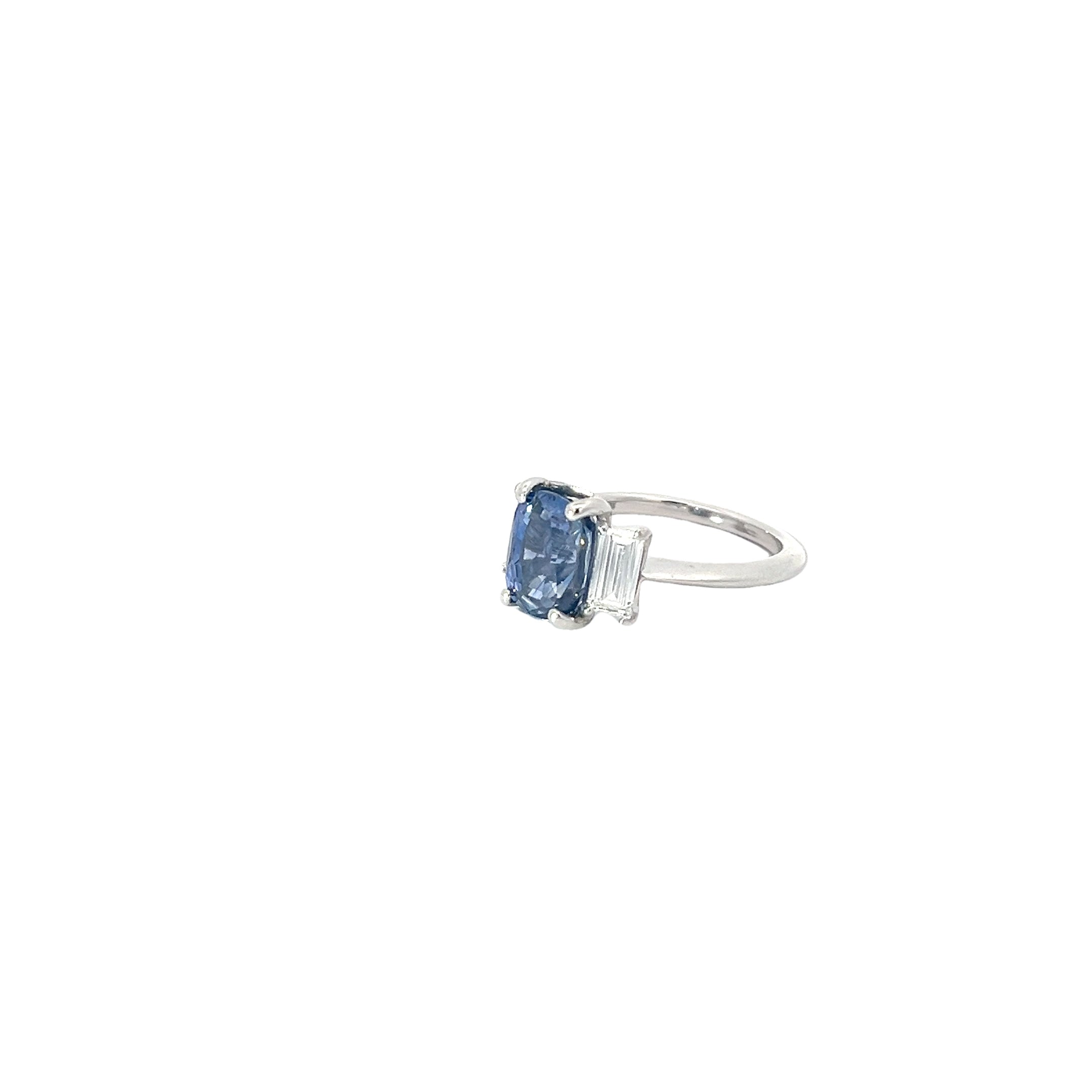 Platinum 3.33ct Cushion Blue Sapphire and along the side .80ct F VS2 Baguette Diamond Ring Certified by GIA #5231323789