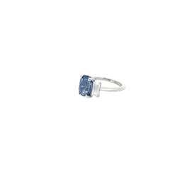 Platinum 3.33ct Cushion Blue Sapphire and along the side .80ct F VS2 Baguette Diamond Ring