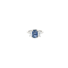 Platinum 3.33ct Cushion Blue Sapphire and along the side .80ct F VS2 Baguette Diamond Ring